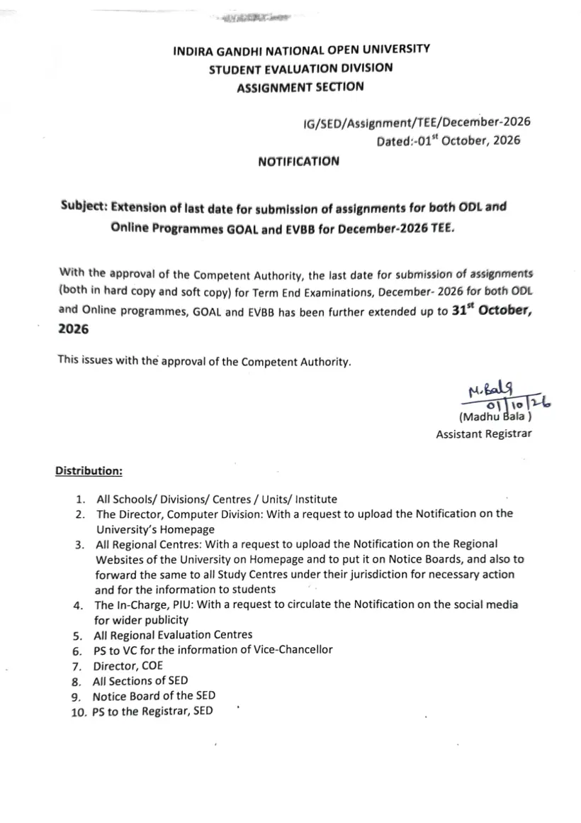 First page of the official IGNOU document: IGNOU Assignment Submission Extension Notification December 2026 TEE