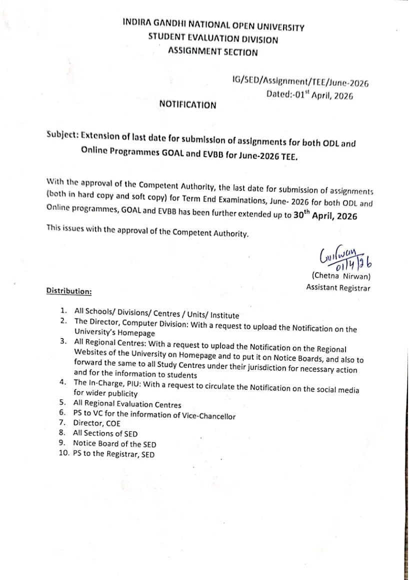 First page of the official IGNOU document: IGNOU Assignment Submission Deadline Extension Notification June 2026 TEE