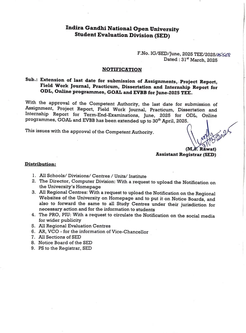 First page of the official IGNOU document: IGNOU Project and Assignment Submission Deadline Extension June 2025 TEE