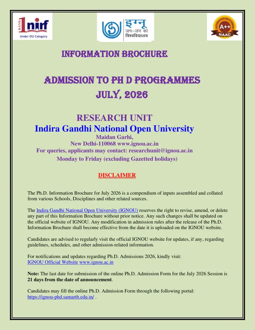 First page of the official IGNOU document: IGNOU PhD Information Brochure July 2026