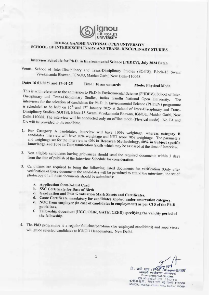 First page of the official IGNOU document: IGNOU SOITS PhD Environmental Science Admission Notice