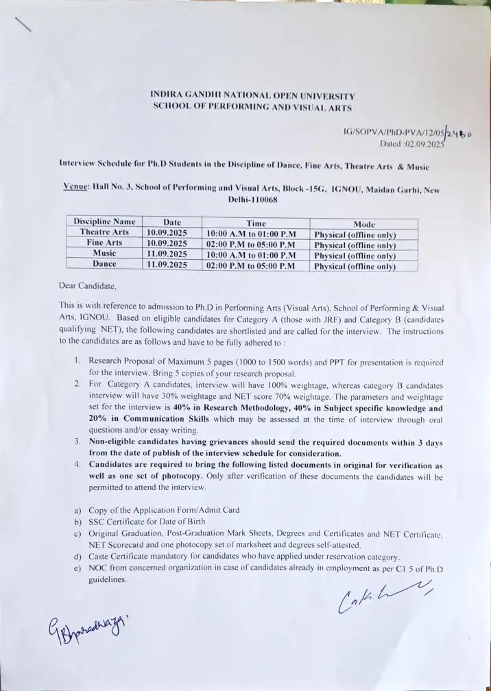 First page of the official IGNOU document: IGNOU SOPVA PhD Admission Interview Schedule 2025