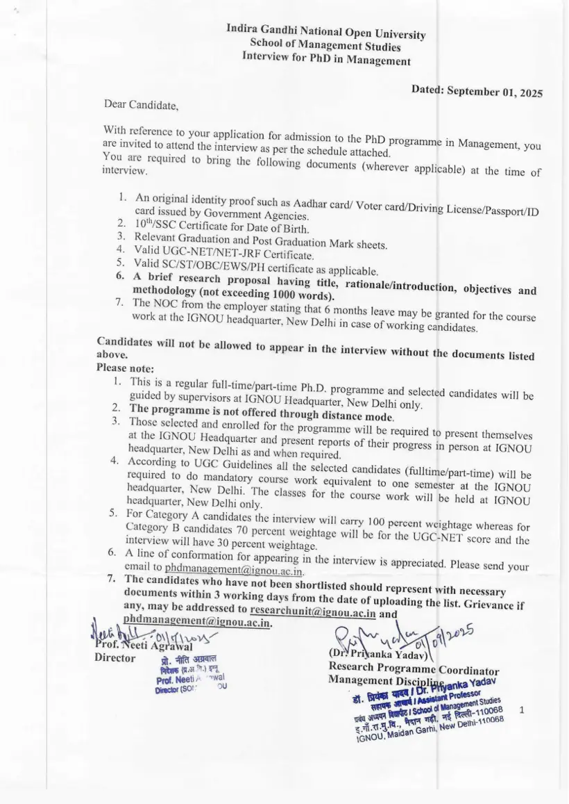 First page of the official IGNOU document: IGNOU PhD Management Admission Document SOMS