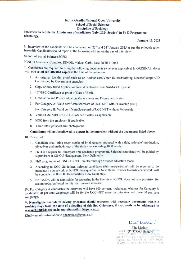 First page of the official IGNOU document: IGNOU PhD Sociology Admission Interview Schedule July 2024 Session