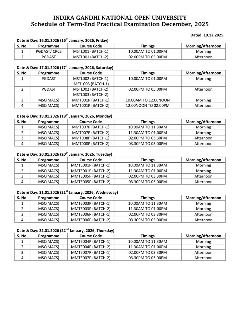 First page of the official IGNOU document: IGNOU Term End Practical Examination Date Sheet December 2025