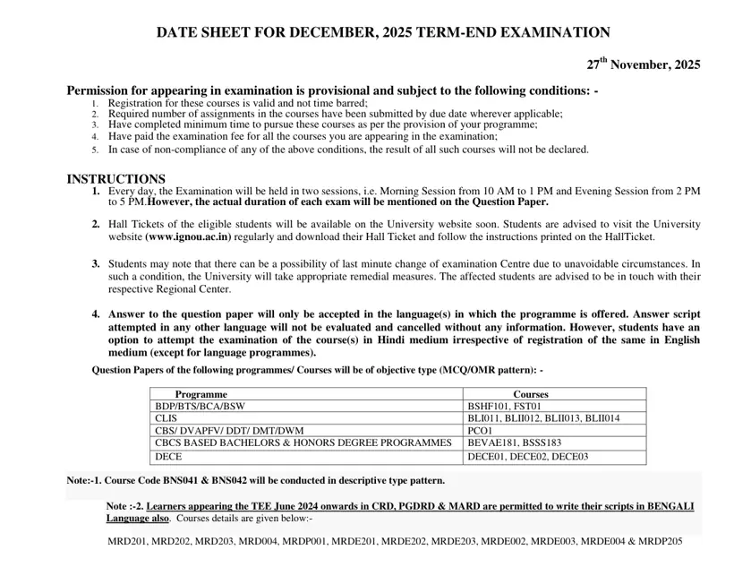 First page of the official IGNOU document: IGNOU Revised Term End Examination Date Sheet December 2025