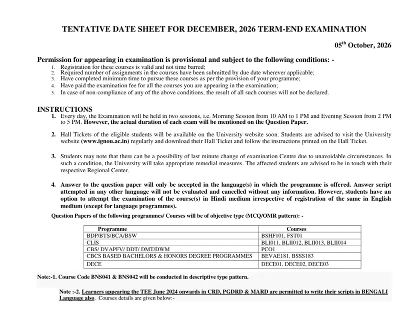 First page of the official IGNOU document: IGNOU Tentative Date Sheet December 2026 Term End Examination