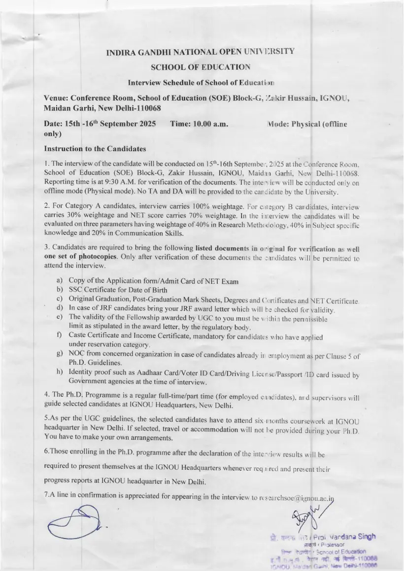 First page of the official IGNOU document: IGNOU PhD Education Admission Interview Schedule September 2025