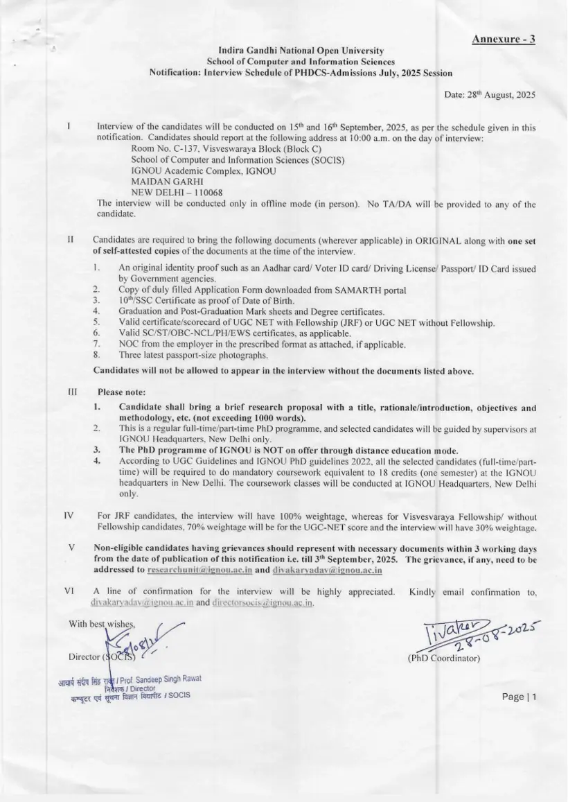 First page of the official IGNOU document: IGNOU PHDCS Admission Interview Schedule July 2025 Session