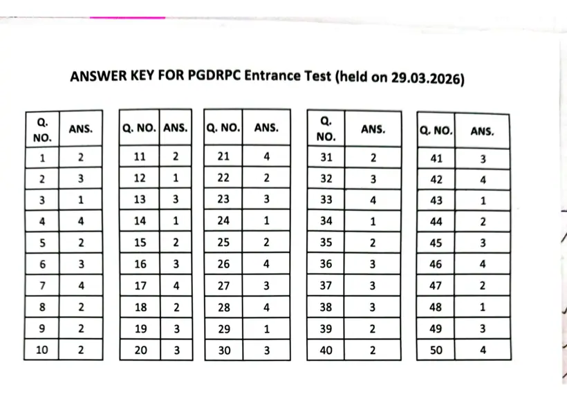 First page of the official IGNOU document: IGNOU PGDRPC Entrance Test Answer Key March 2026