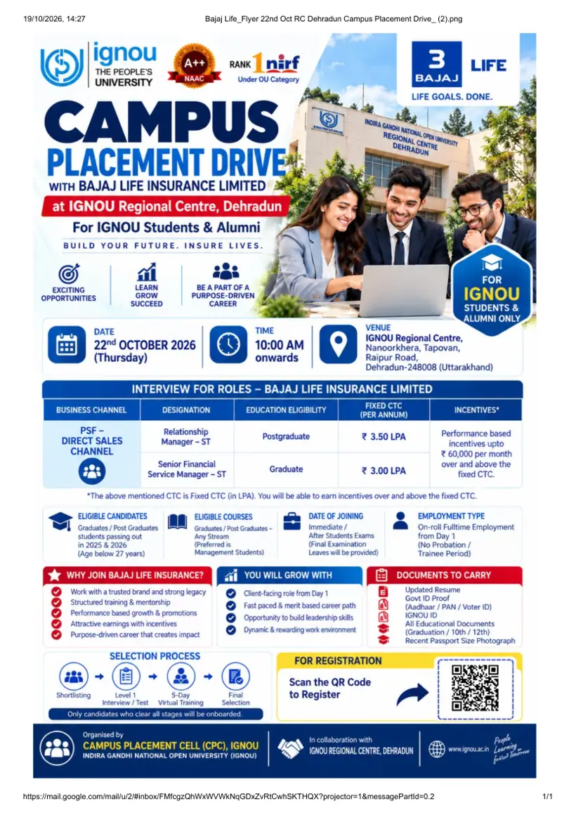 First page of the official IGNOU document: IGNOU Regional Centre Dehradun Placement Drive October 2026