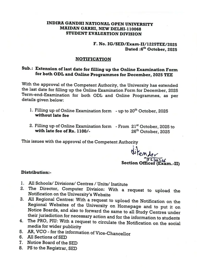 First page of the official IGNOU document: IGNOU Exam Form Submission Extension Notification December 2025 TEE
