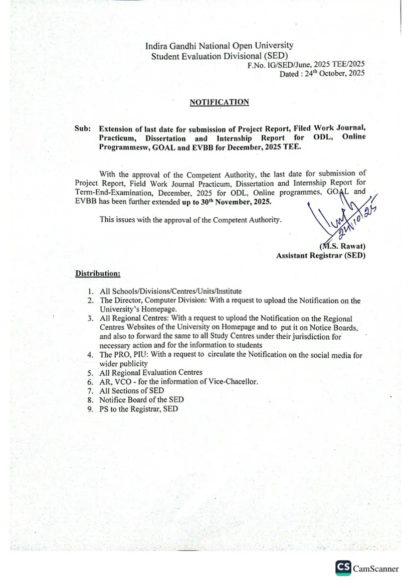 First page of the official IGNOU document: IGNOU Project and Dissertation Submission Extension Notification December 2025 TEE