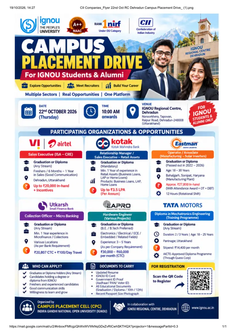 First page of the official IGNOU document: IGNOU Regional Centre Dehradun CII Placement Drive October 2026
