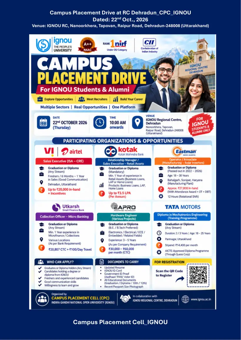 First page of the official IGNOU document: IGNOU Campus Placement Drive Notice Regional Centre Dehradun October 2026