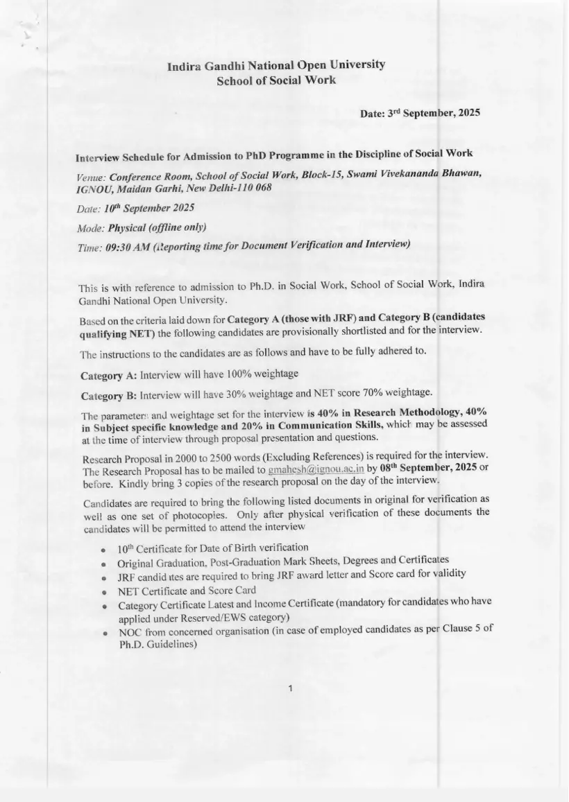 First page of the official IGNOU document: IGNOU PhD Social Work Admission Document SOSW