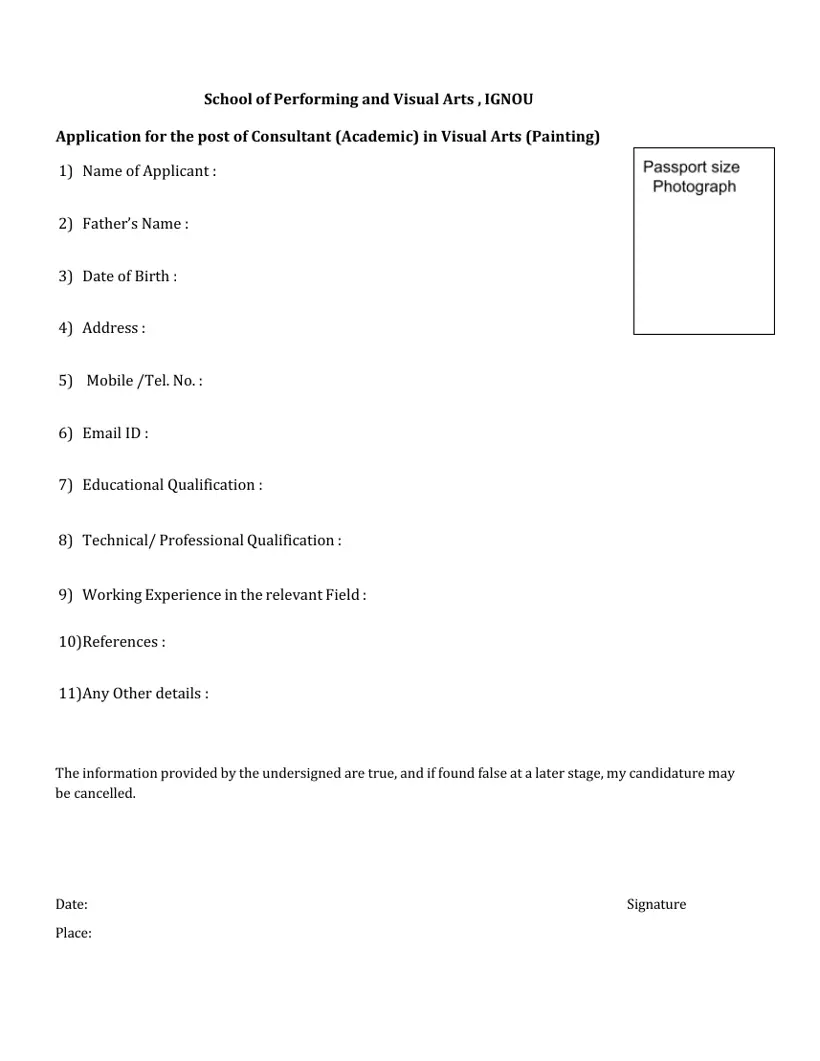 First page of the official IGNOU document: IGNOU SOPVA Academic Consultant Visual Arts Painting Application Form