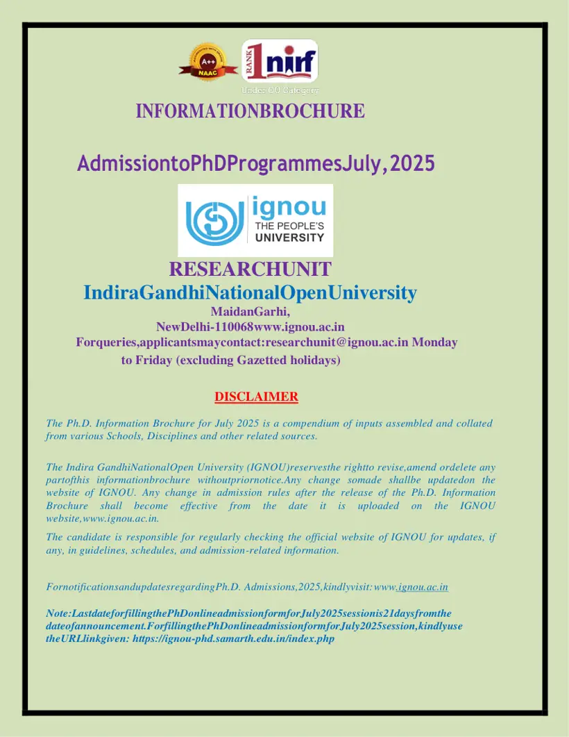 First page of the official IGNOU document: IGNOU PhD Entrance Test Information Brochure July 2025