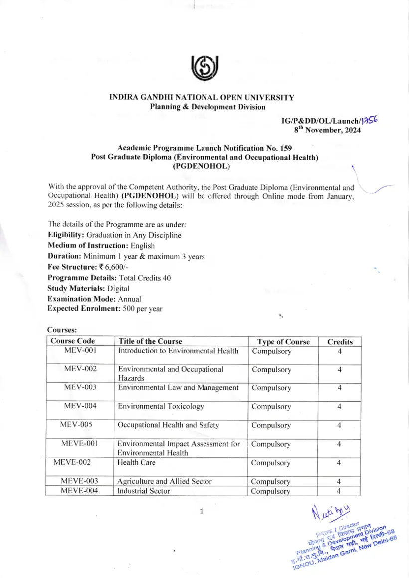 First page of the official IGNOU document: IGNOU PGDENOHOL Online Programme Launch Notification January 2025