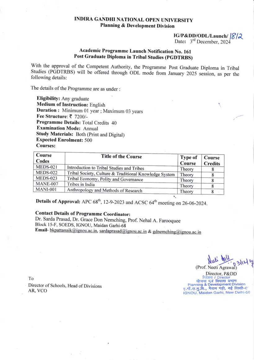 First page of the official IGNOU document: IGNOU PGDTRBS Programme Launch Notification January 2025