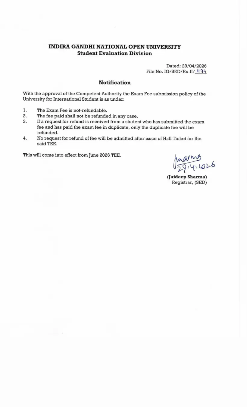 First page of the official IGNOU document: IGNOU International Student Exam Fee Policy Notification June 2026
