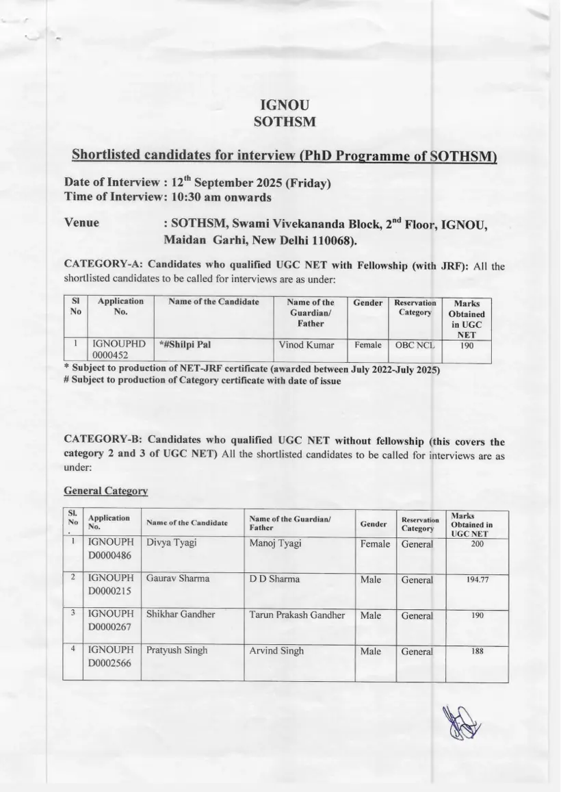 First page of the official IGNOU document: IGNOU PhD Tourism Studies Admission Interview Schedule 2025