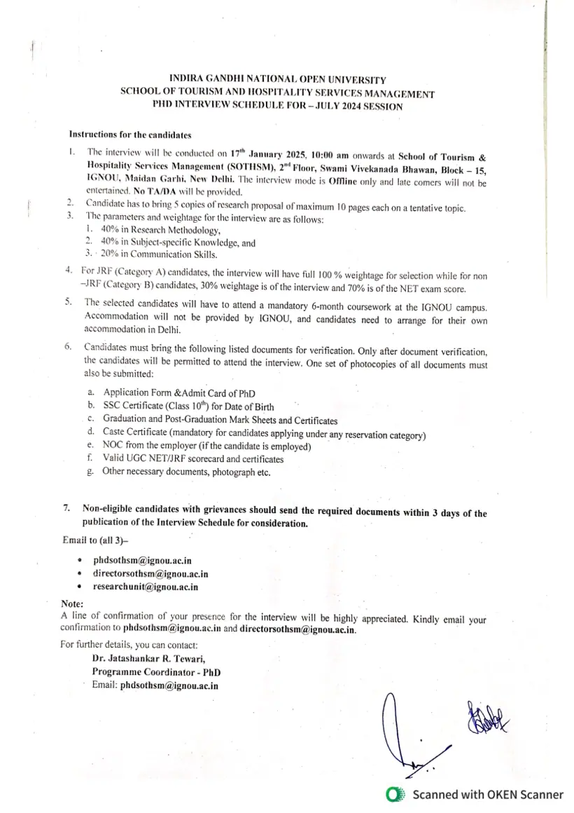 First page of the official IGNOU document: IGNOU SOTHSM PhD Admission Interview Schedule July 2024
