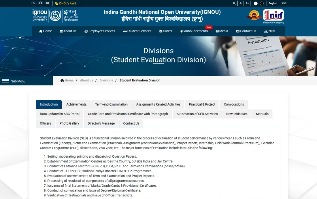 IGNOU official portal: Student Evaluation Division
