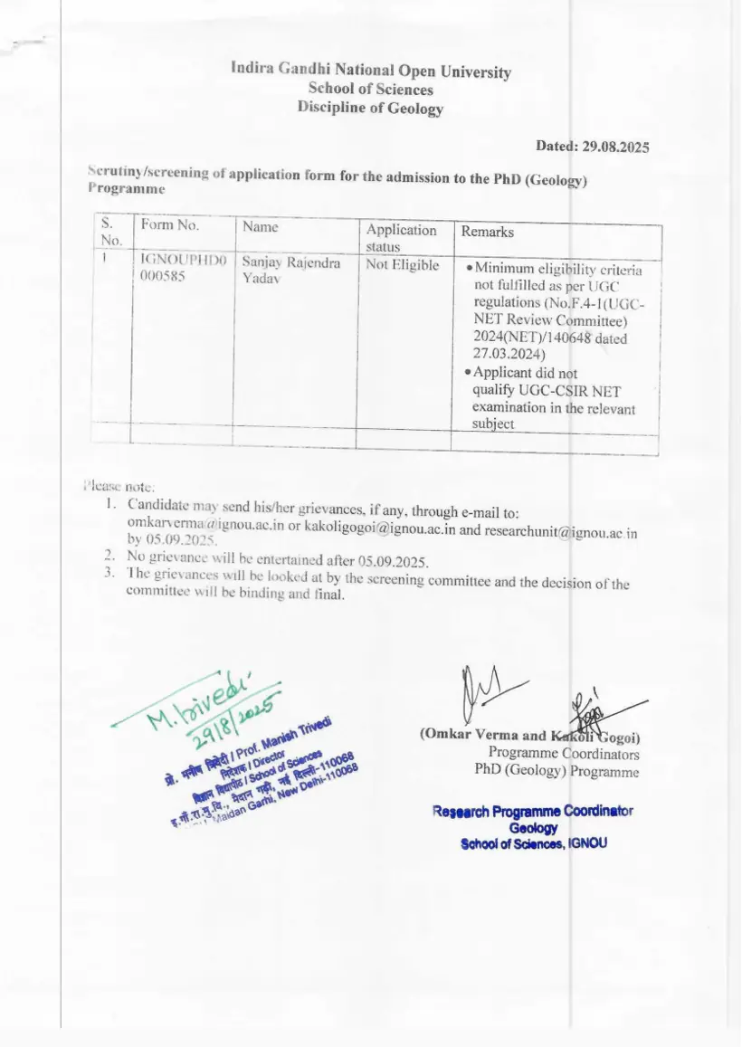 First page of the official IGNOU document: IGNOU SOS PhD Geology Application Screening Notice 2025