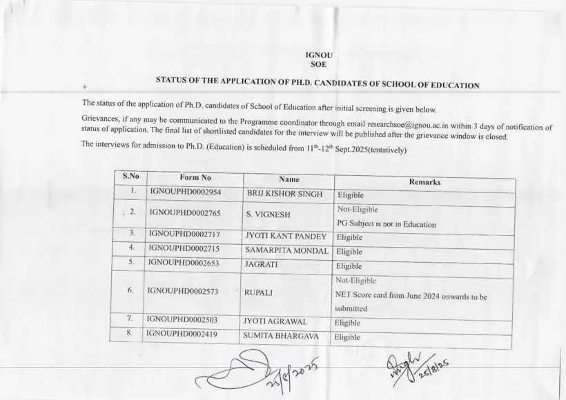 First page of the official IGNOU document: IGNOU SOE PhD Education Application Status Notice 2025