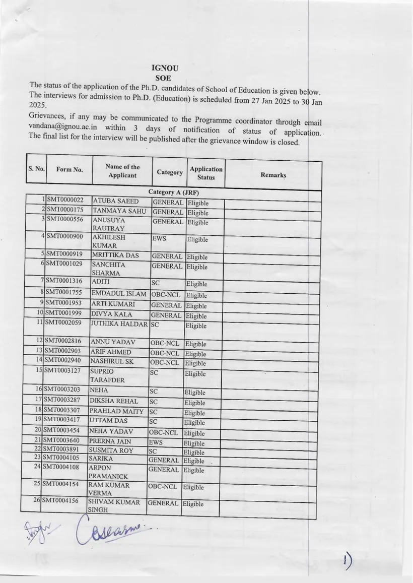 First page of the official IGNOU document: IGNOU SOE PhD Education Interview Schedule January 2025
