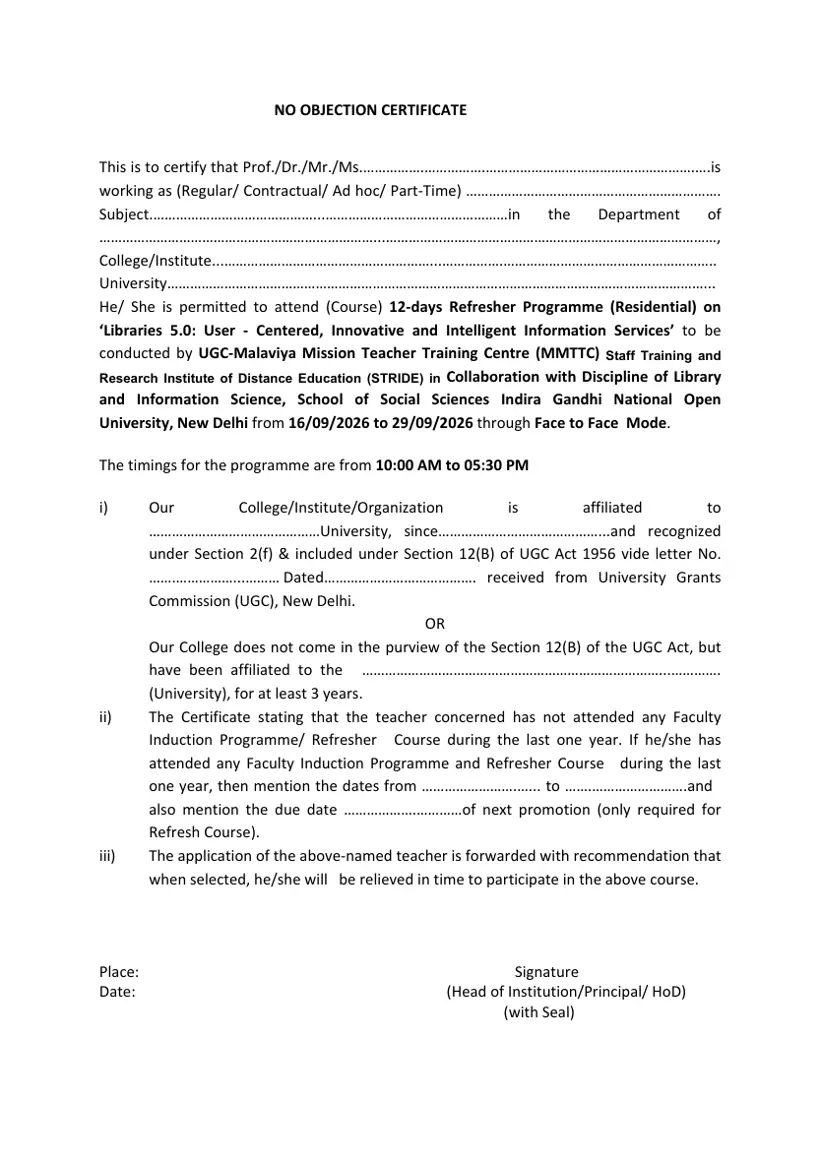 First page of the official IGNOU document: IGNOU Libraries Refresher Programme No Objection Certificate September 2026