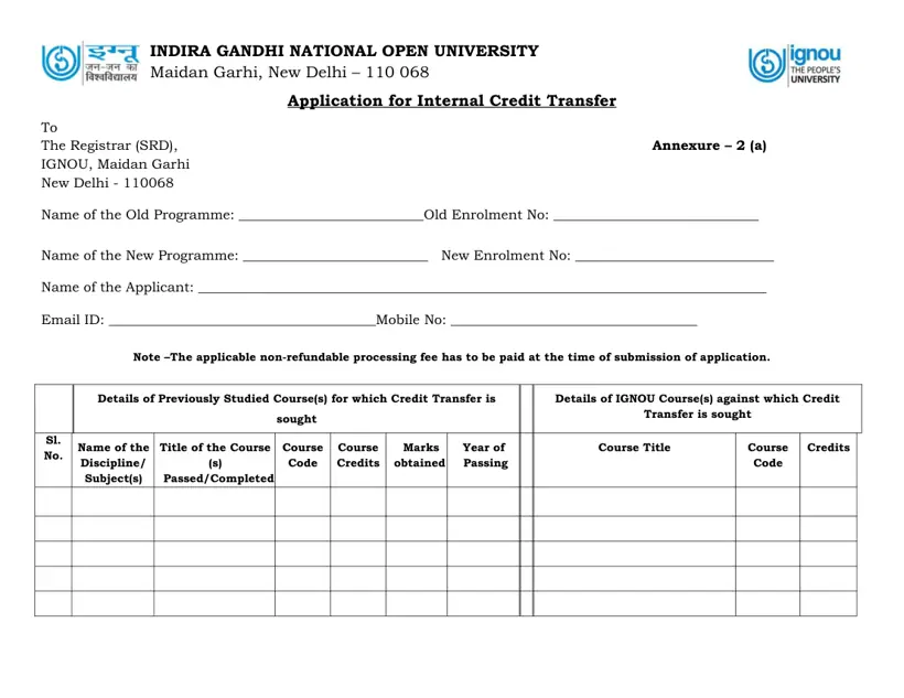 First page of the official IGNOU document: IGNOU Internal Credit Transfer Application Form Annexure Two