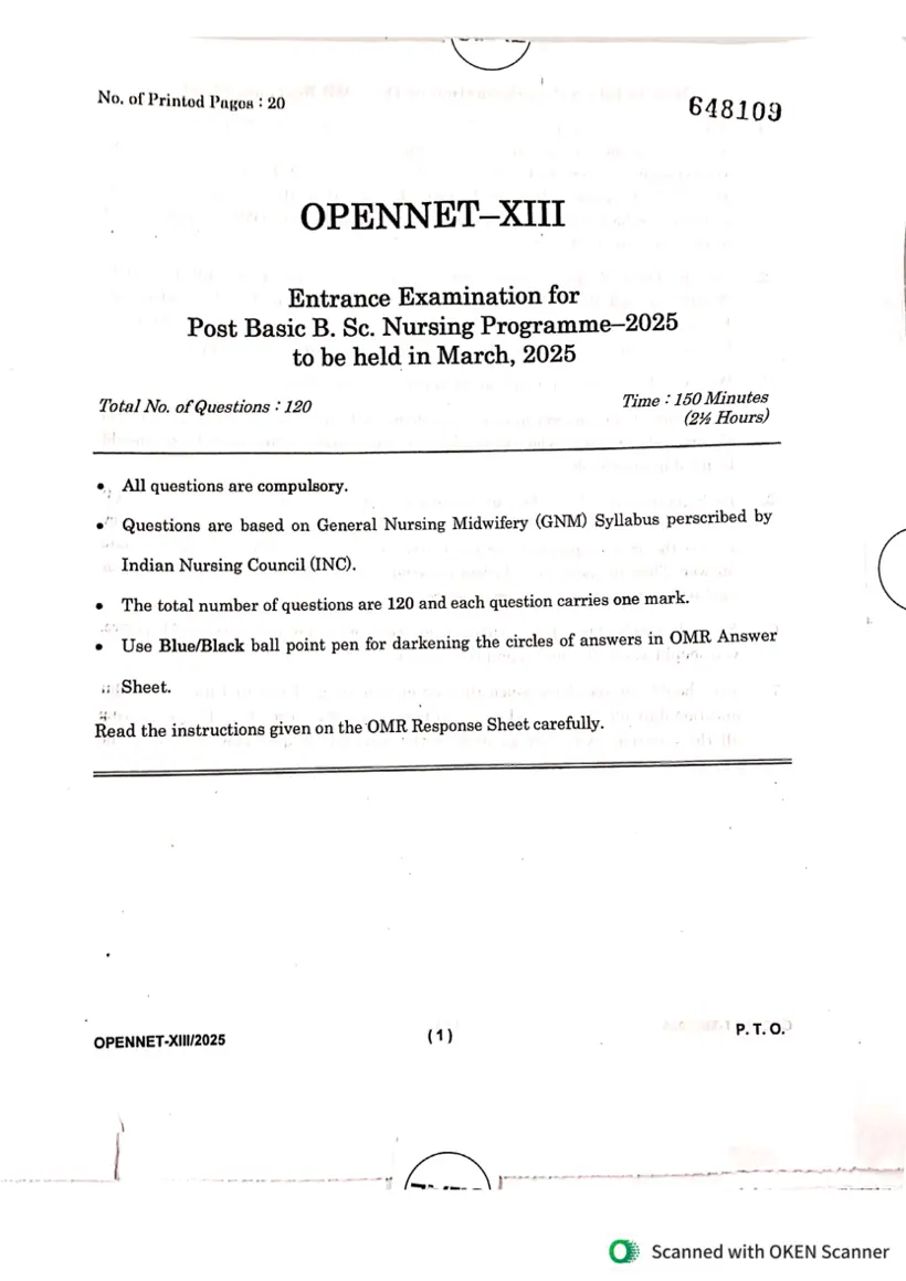 First page of the official IGNOU document: IGNOU OPENNET XIII BSCNPB Entrance Examination Question Paper 2025