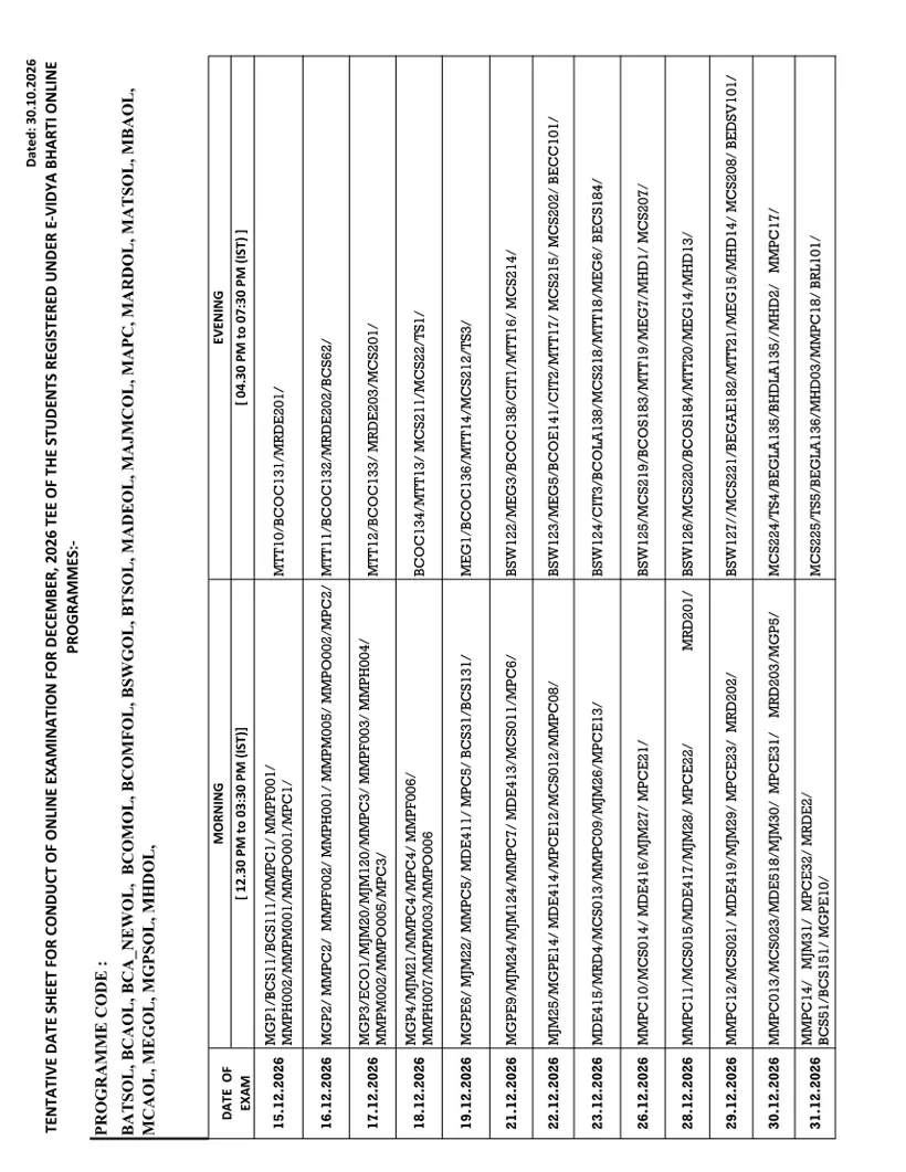 First page of the official IGNOU document: IGNOU EVidyaBharti Online Programmes December 2026 Exam Date Sheet