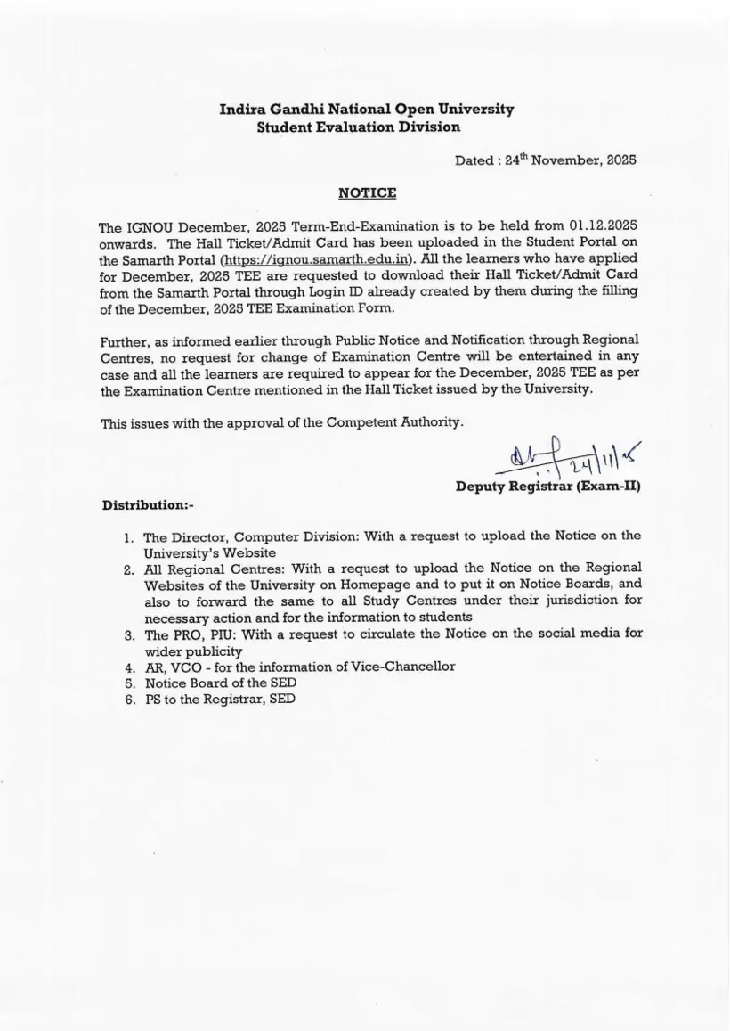 First page of the official IGNOU document: IGNOU December 2025 Term End Examination Admit Card Notice