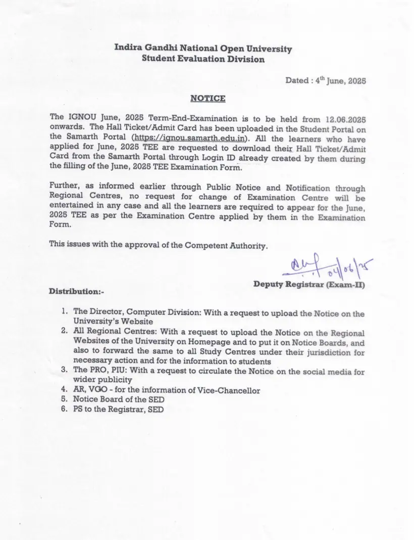 First page of the official IGNOU document: IGNOU Term End Examination Public Notice June 2025