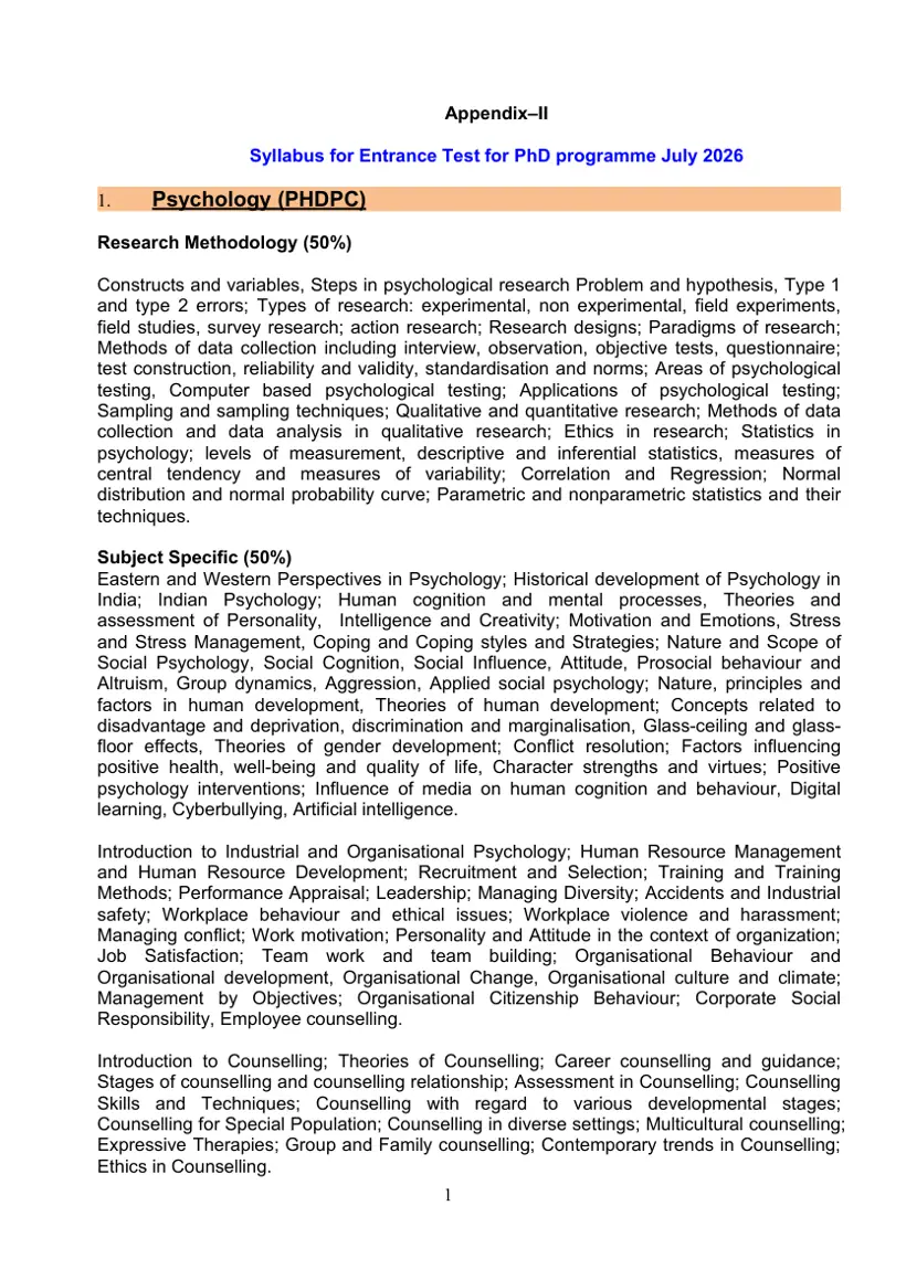 First page of the official IGNOU document: IGNOU PhD Entrance Test Syllabus July 2026