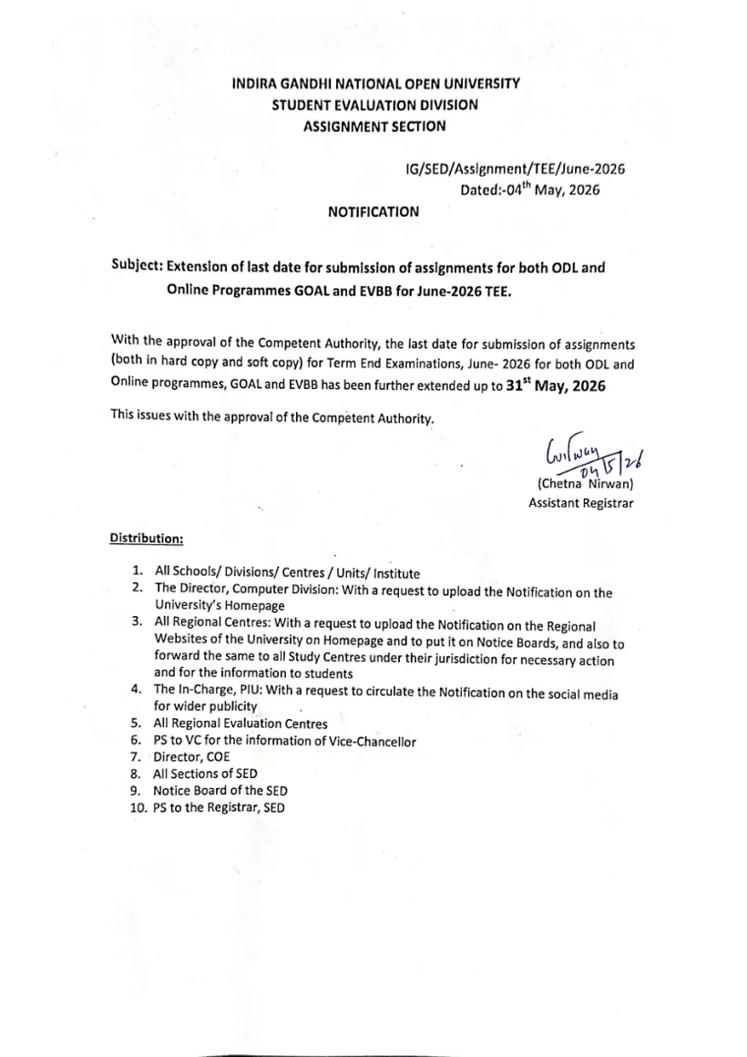 First page of the official IGNOU document: IGNOU Assignment Submission Extension Notice June 2026 TEE