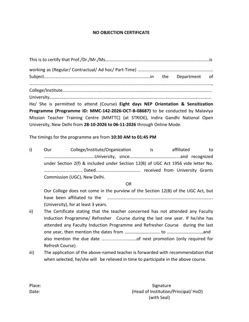 First page of the official IGNOU document: IGNOU MMTTP NEP Orientation Course No Objection Certificate Format 28 October 2026