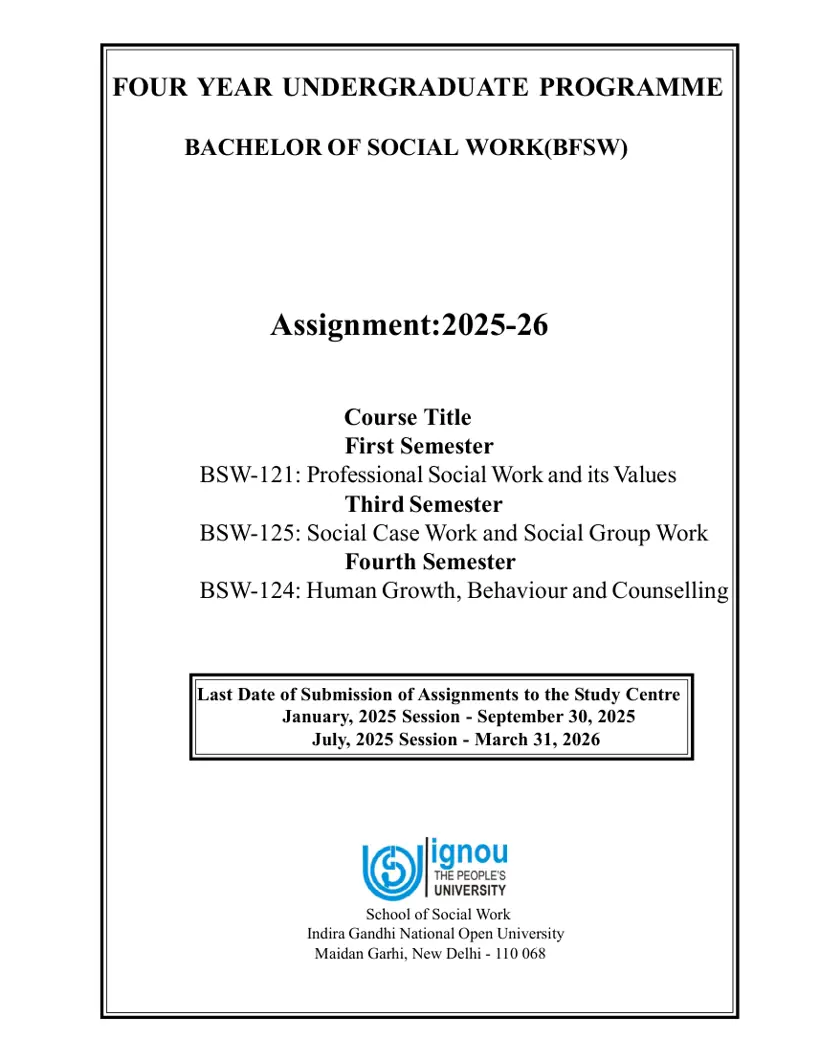 First page of the official IGNOU document: IGNOU BFSW Assignment Booklet 2025 2026