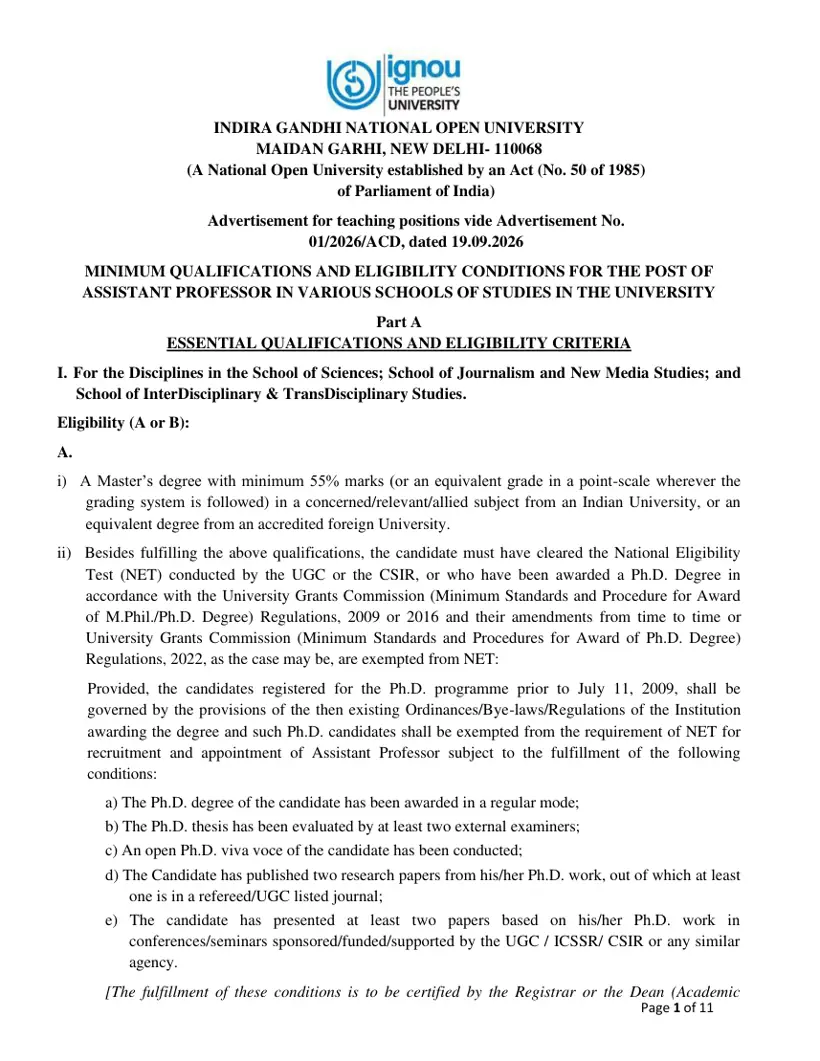 First page of the official IGNOU document: IGNOU Assistant Professor Eligibility Criteria 2026
