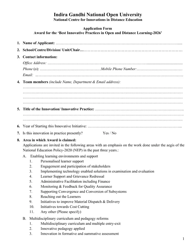 First page of the official IGNOU document: IGNOU NCIDE Innovative Practices Award Application Form 2026