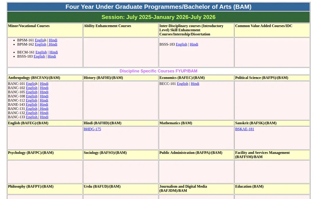 IGNOU official portal: Four Year Under Graduate Programme (FYUG/BAM July 2025-Jan 2026)