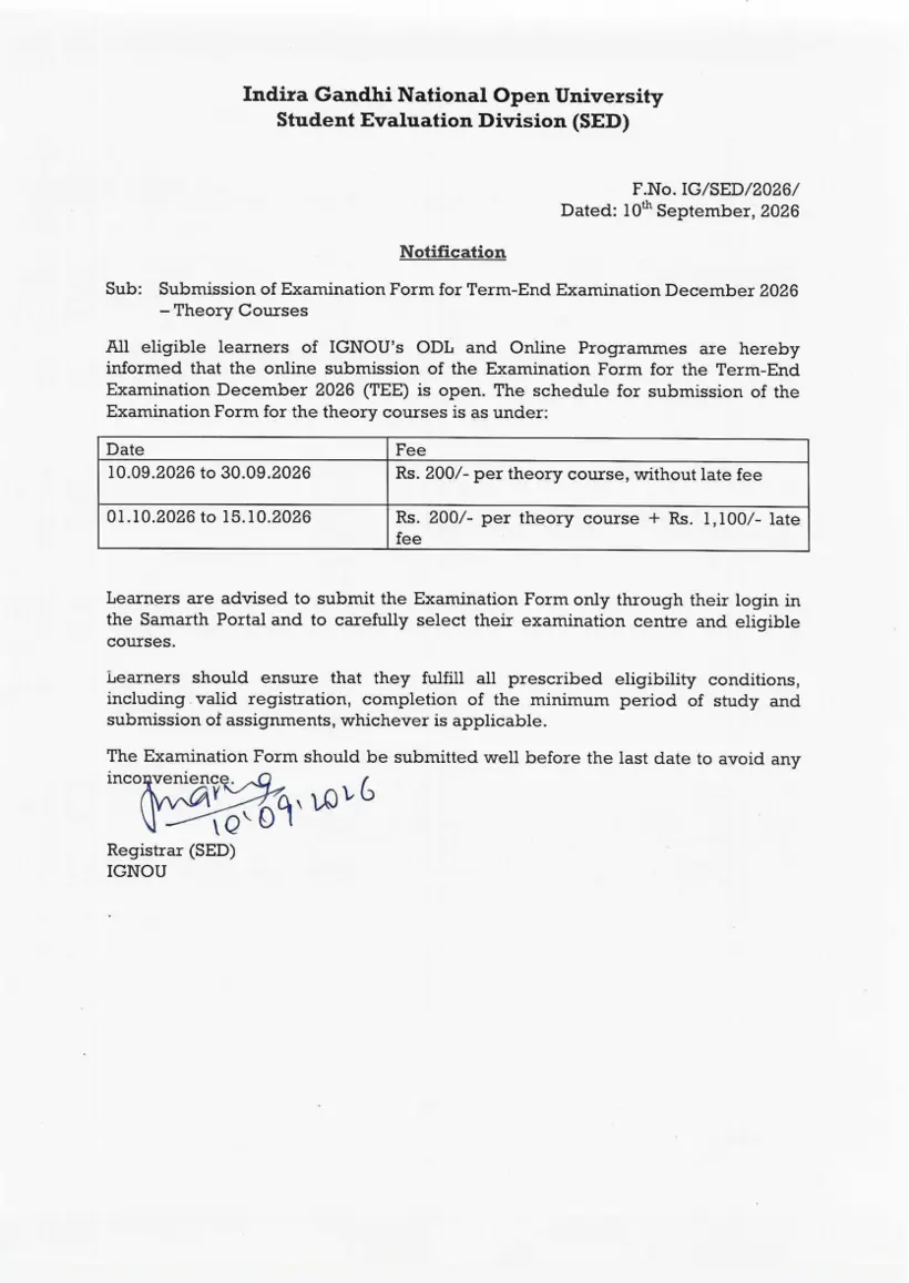 First page of the official IGNOU document: IGNOU Examination Form Submission Schedule December 2026 TEE
