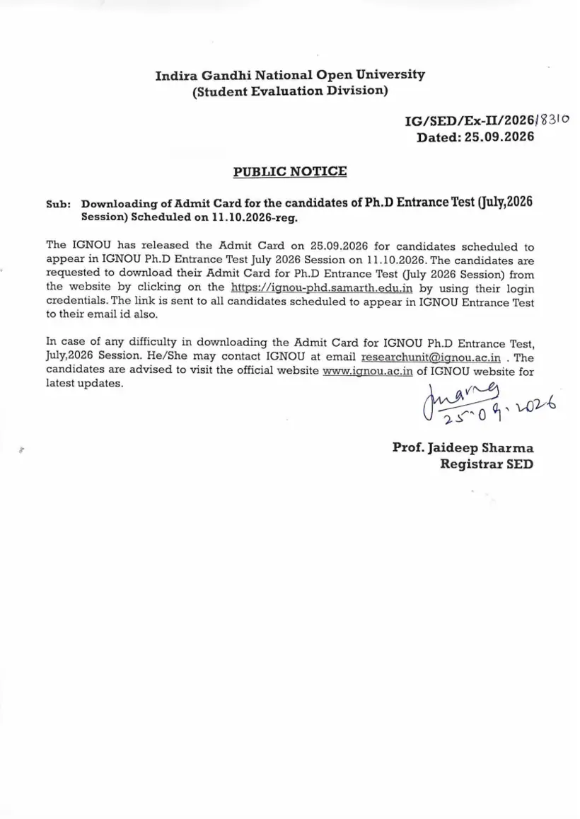 First page of the official IGNOU document: IGNOU PhD Entrance Test Admit Card Notice July 2026