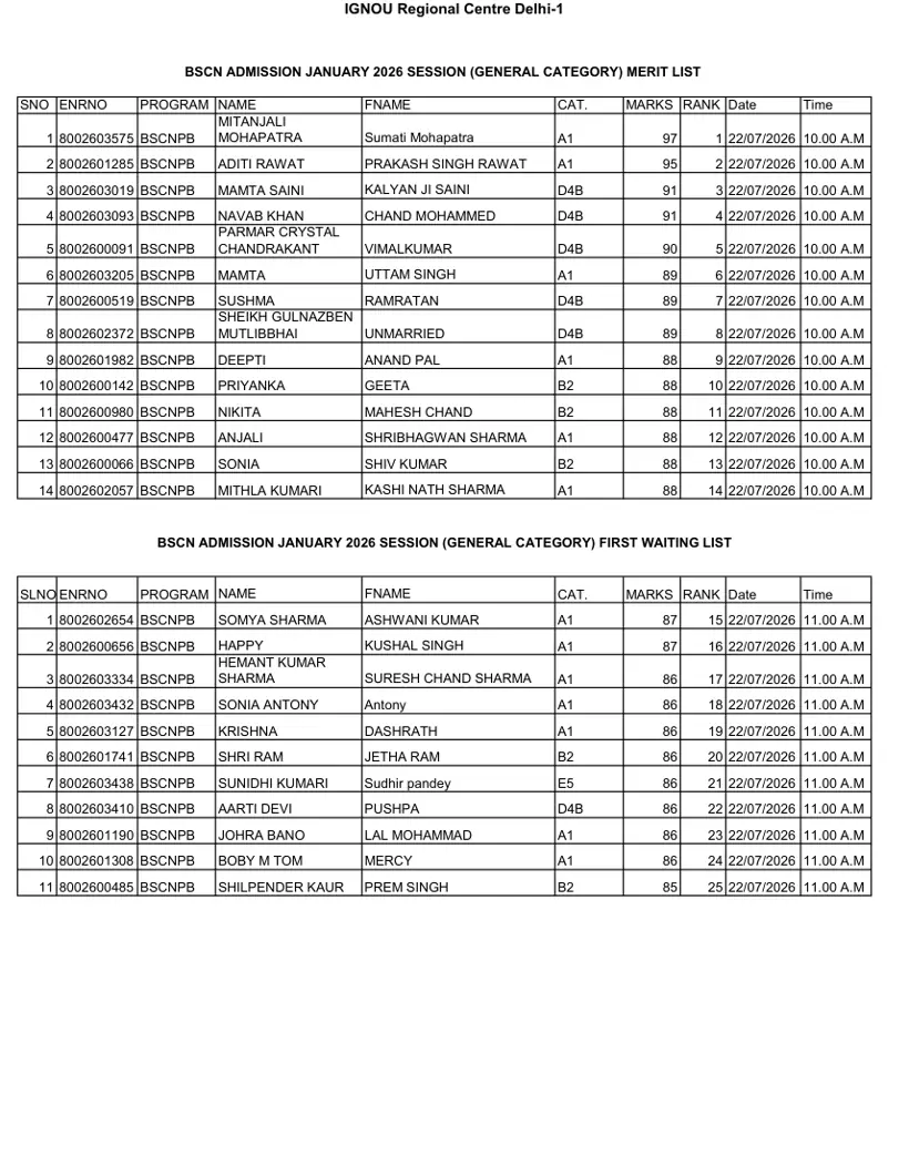 First page of the official IGNOU document: IGNOU BSCNPB Merit List Regional Centre Delhi 1 July 2026