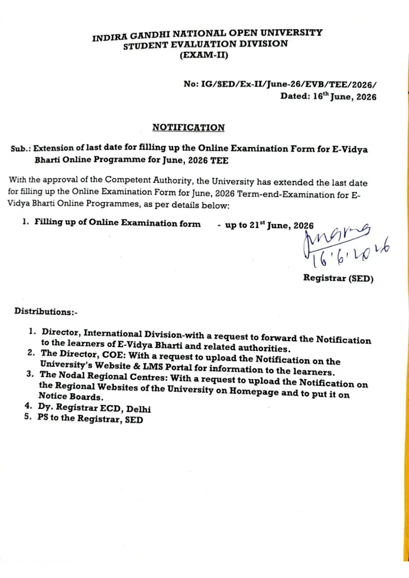 First page of the official IGNOU document: IGNOU E-Vidya Bharti Online Programme June 2026 TEE Examination Notification