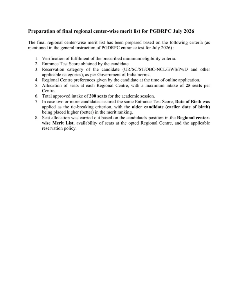 First page of the official IGNOU document: IGNOU PGDRPC Regional Center Merit List July 2026