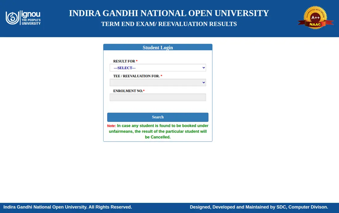 IGNOU official portal: IGNOU Term-End Result